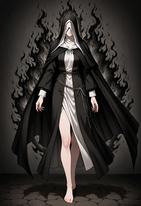 masterpiece, best quality, newest, absurdres, highres, , black fire, fire, flame, anime, anime style,
1girl, siiesfrtdeer, covered eyes, habit, nun, black coif, hood up, black veil, black dress, long sleeves, black hooded cloak, barefoot, black fire, solo, solo focus,