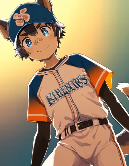 masterpiece, steelwire-style, luye-style, orange gradient background, dutch angle, backlighting, 1boy, solo, black hair, blue eyes, baseball uniform, baseball cap, dog ears, dog tail, dog boy, looking viewer, smile, bandaid on nose <lora:luye-yuan_naXL_v3c-ShoAI:0.6> <lora:steelwire_naiXL_v1Nd-ShoAI:0.65>
