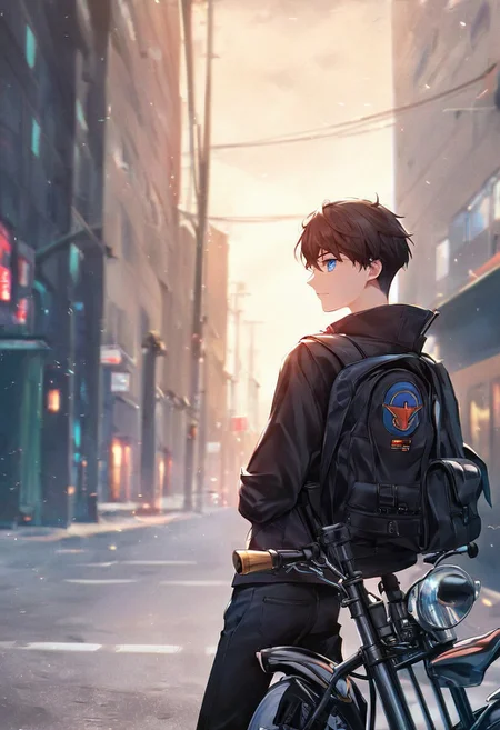 score_9, score_8_up, score_7_up, score_6_up, score_5_up, score_4_up, Gundam_00_Style, (Style: Gundam_00), source_anime, masterpiece, volumetric lighting, vibrant colors, perfectly detailed face and body and eye, 1boy, teenager, solo, black hair, long sidelocks, short hair, blue eyes, high resolution, black jacket, open jacket, school uniform, black trousers, backpack, motorcycle, detailed background, parking lot, cinematic, <lora:add-detail-xl:0.4>, perfect hand, (fantasy-style), (shoujo-style), manhwa-artstyle