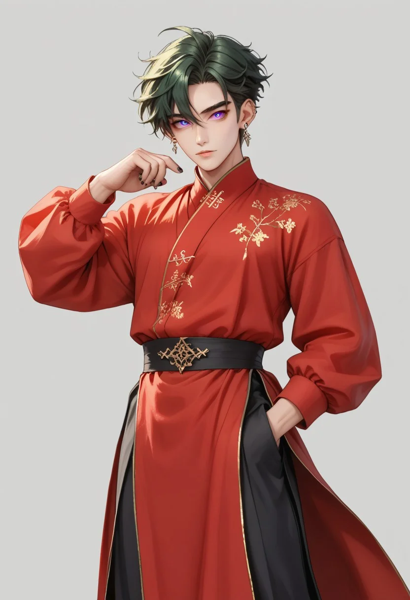 score_9, score_8_up, score_7_up, rating safe, 8k portrait, 1 boy,solo, full body, cowboy_shot, male focus, AntherimA, purple circular eyes, slit pupils, dark green hair, hair between eyes, asymmetrical hair parting, light_red_eyeshadow, ((1_earstud_left_side)), 20 years old, stoic pose, chinese_royal, chinese_clothing, dynamic pose, long large sleeves, red clothing, black_waistband, long flowing fabrics,layered clothing , black nail varnish, highly detailed, professional photography, masterpiece, (finely detailed beautiful eyes: 1.2), hdr, black_background