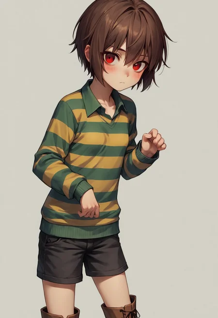 Chara,canon, striped sweater, shorts, red eyes, brown hair, short hair, boots, blush, locket, scoop neck, collared, red eyes, small breasts, young, skinny, source_anime,score_9, score_8_up, score_7_up,1girl, solo,