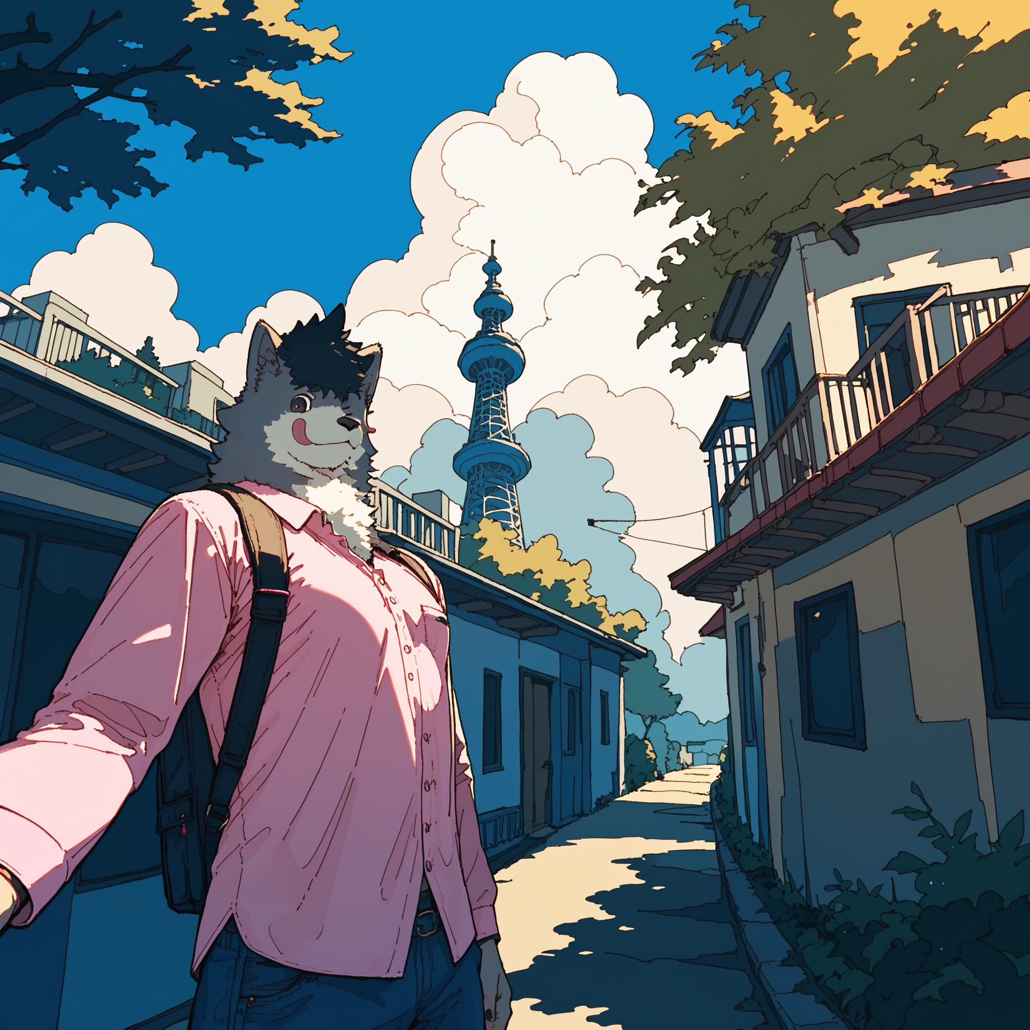 score_9, score_8_up, score_7_up, score_6_up, score_5_up, score_4_up,  <lora:Pony_QualityV4.0:0.8>  scenery, solo, outdoors, 1boy, anthro ADDCOMM
strap, backpack strap, selfie, from below, dark, night, skytree, building, sky, tree, signboard, waon furry male, closed mouth, wink, one eye closed, tongue out, topwear, pink shirt, jeans, open shirt, walking, highlights, lighting,  <lora:2025-04-30_waonmale4:1> ADDCOL
road <lora:shimo_waon_style_2:0.4> shimo waon style, lineart, flat color