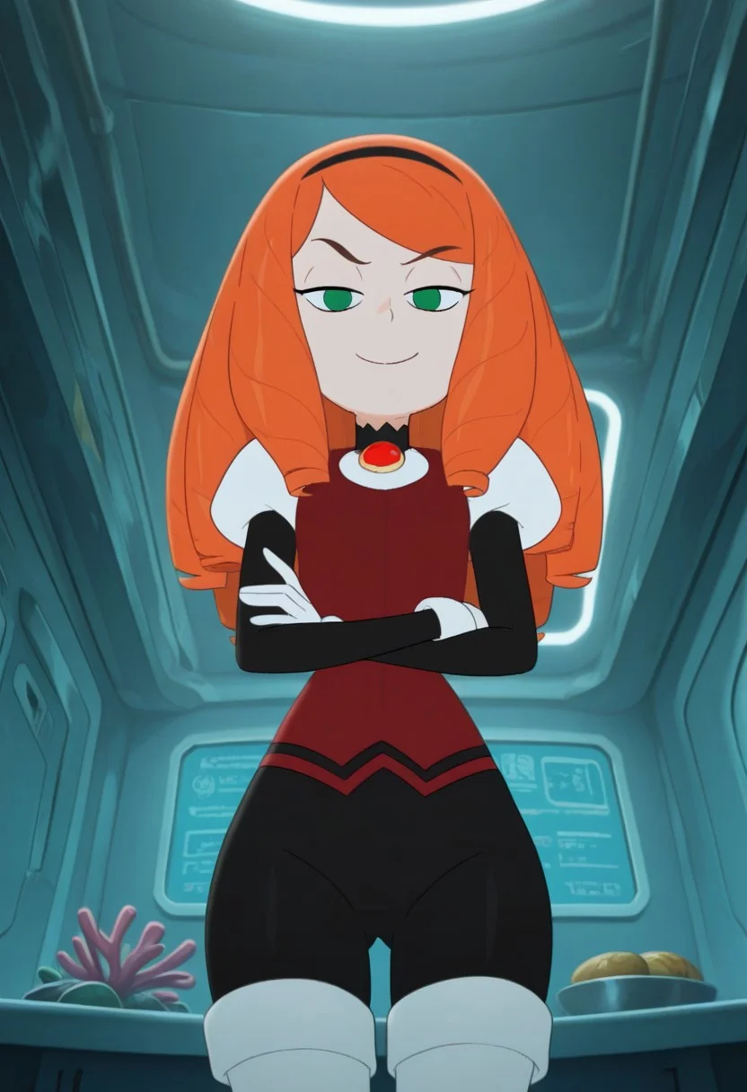 masterpiece, best quality, amazing quality, very aesthetic, absurdres, score_9, score_8_up, score_7_up, score_6_up, best_quality, beautiful body, perfect hands, hands. Perfect, detailed eyes, cowboy shot, 1girl, MinaDroners, green eyes, orange hair, long hair, drill hair, black hairband, bodysuit, black long-sleeved black top with a zigzagged turtleneck, white shirt, red brooch, puff sleeves, dark red vest, white cuffed gloves, black shorts, fur trim, white thighhighs, white thigh boots, small breasts, narrow waist, wide hips, indoors, scifi room, coral decor in background, standing, hands crossed, looking at viewer, smug, smile, view from below