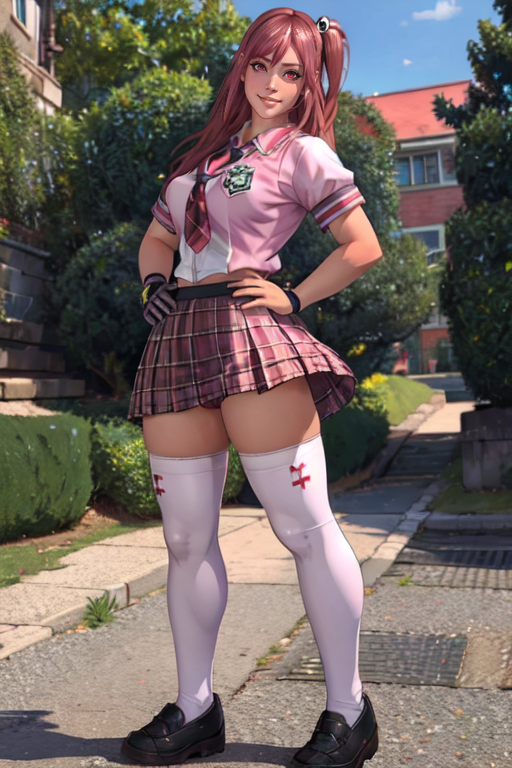 masterpiece,best quality,extreme detail,8k,<lora:honoka:0.8>,honoka2, 1girl, solo, long hair, looking at viewer, smile, skirt, hair ornament, red eyes, thighhighs, gloves, school uniform, full body, pink hair, shoes, white thighhighs, hand on hip, plaid, one side up, plaid skirt, loafers, single glove, green background, skull hair ornament, pink eyes,