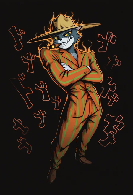 masterpiece, best quality, Graphic Design, color art, vibrant colors, colorful, intricate details, high contrast, detailed background, beautiful detailed, beautiful face, detailed eyes, detailed face, new, newest, z00tt0m, 1boy, solo, male focus, furry, cat, yellow sclera, green eyes, grey fur, whiskers, hat, formal, suit, striped jacket, simple background, black background, fullbody shot, dutch angle, dynamic pose, (jojo pose, orange aura, menacing), perspective, dutch angle, looking at viewer, smoking, cigar in mouth, grin, leaning back, low angle, from below, crossed arms,