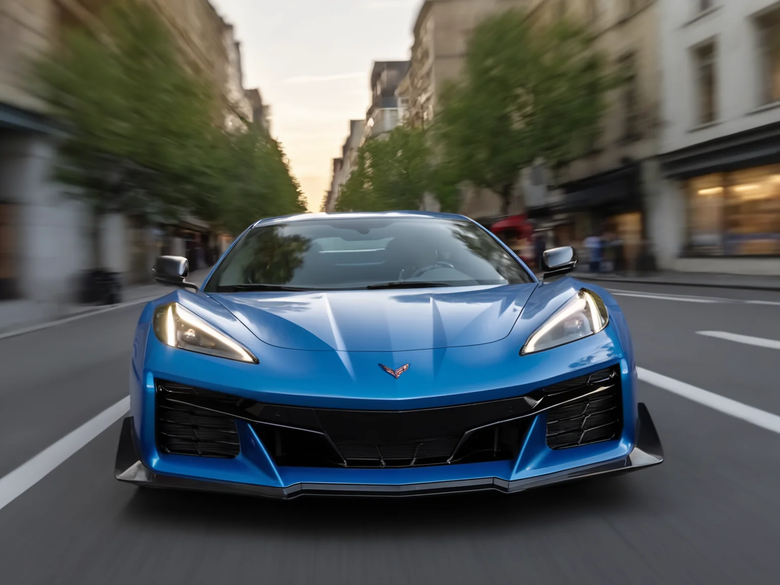 a photo of cvttz06 car, (front view:1.2), down the road in the city, busy street shops on the background, complete car, motion blur, 8k, uhd, golden hour ,glints <lora:cvttz06_car_t12_SDXL-000010:0.7>