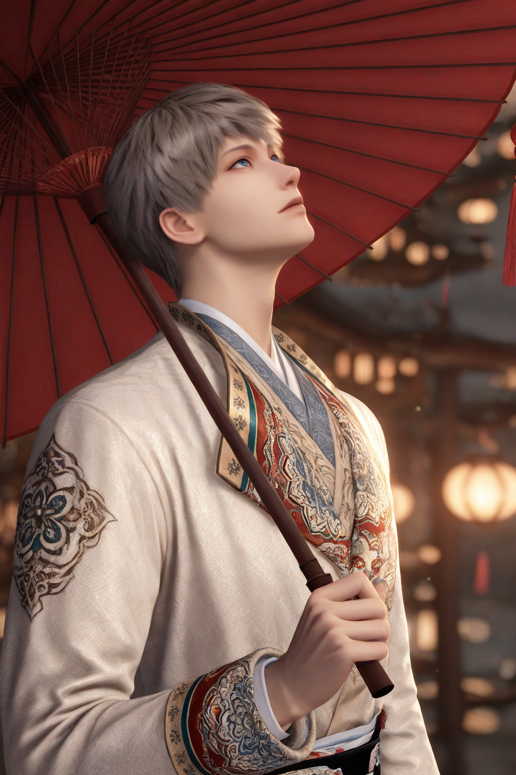 <lora:xavier-NAI:0.7>,xavier, 1boy, umbrella, male focus, solo, oil-paper umbrella, holding, blurry, blue eyes, holding umbrella, looking up, blurry background, long sleeves, red umbrella, korean clothes, upper body, depth of field, short hair, chinese clothes, grey hair,yaoi,bara,male focus,very awa,masterpiece,best quality,amazing quality,nsfw,uncersored,highres,best quality,amazing quality,best aesthetic,absurdres,