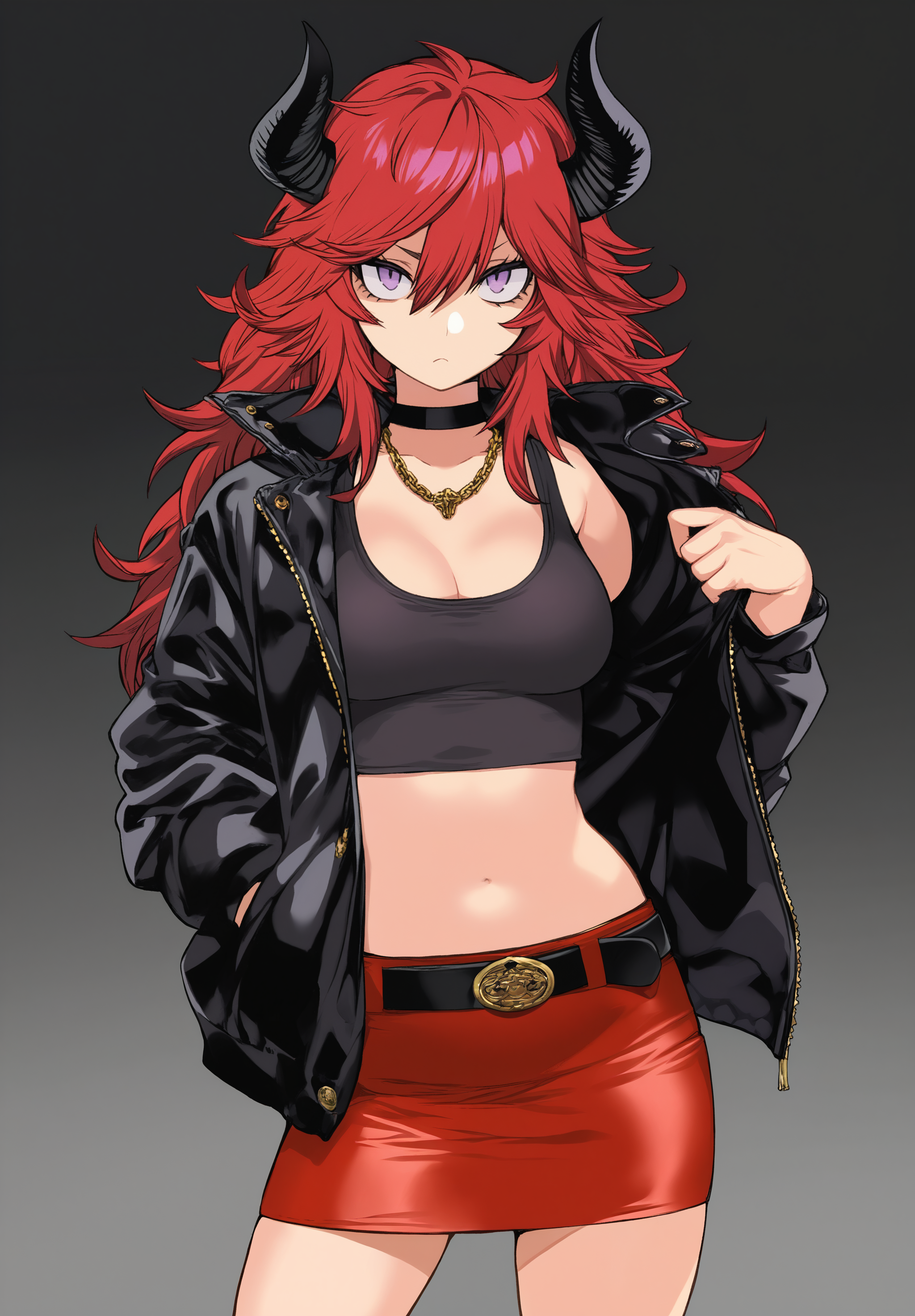 masterpiece,absurdres,best quality,high quality,<lora:Cool Rance V4 Vpred Noob:1>,1girl,belt,gradient background,black background,grey background,black choker,black horns,black jacket,choker,contrapposto,cowboy shot,crop top,delinquent,horns,jacket,jewelry,long hair,looking at viewer,miniskirt,necklace,pencil skirt,purple eyes,red hair,red skirt,skirt,standing,