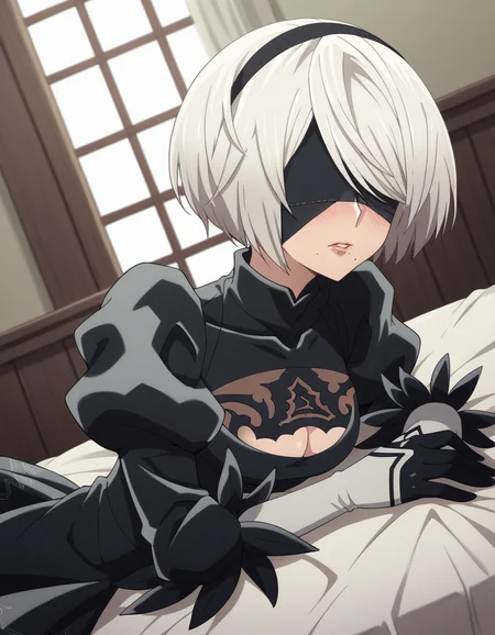 score_9, score_8_up, score_7_up, source_anime,
2b, <lora:2b-s1-ponyxl-lora-nochekaiser:1>,
2b, yorha no. 2 type b, short hair, white hair, hairband, mole, black hairband, mole under mouth, blindfold, covered eyes, black blindfold,
gloves, long sleeves, dress, puffy sleeves, black dress, clothing cutout, cleavage cutout, juliet sleeves, feather-trimmed sleeves,
indoors, bed, bed room, on side, blush, drunk,
solo, dutch angle, looking at viewer, cowboy shot,