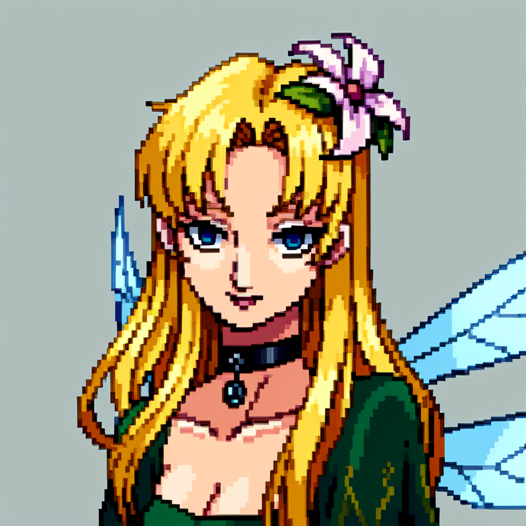 score_9, score_8_up, score_7_up, source_anime, BREAK, solo, 1girl, looking at viewer, <lora:P1-Portraits-pdxl_Fp:1>, portrait, simple background, pixel art, <lora:Titania-pdxl_Fp:1>, titaniasmt, blue eyes, blonde hair, long hair, hair flower, fairy wings, green dress, choker,