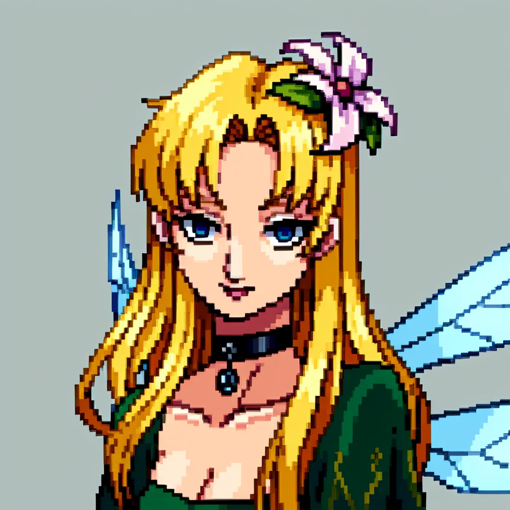 score_9, score_8_up, score_7_up, source_anime, BREAK, solo, 1girl, looking at viewer, <lora:P1-Portraits-pdxl_Fp:1>, portrait, simple background, pixel art, <lora:Titania-pdxl_Fp:1>, titaniasmt, blue eyes, blonde hair, long hair, hair flower, fairy wings, green dress, choker,