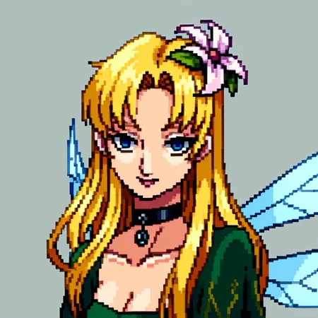 score_9, score_8_up, score_7_up, source_anime, BREAK, solo, 1girl, looking at viewer, <lora:P1-Portraits-pdxl_Fp:1>, portrait, simple background, pixel art, <lora:Titania-pdxl_Fp:1>, titaniasmt, blue eyes, blonde hair, long hair, hair flower, fairy wings, green dress, choker,