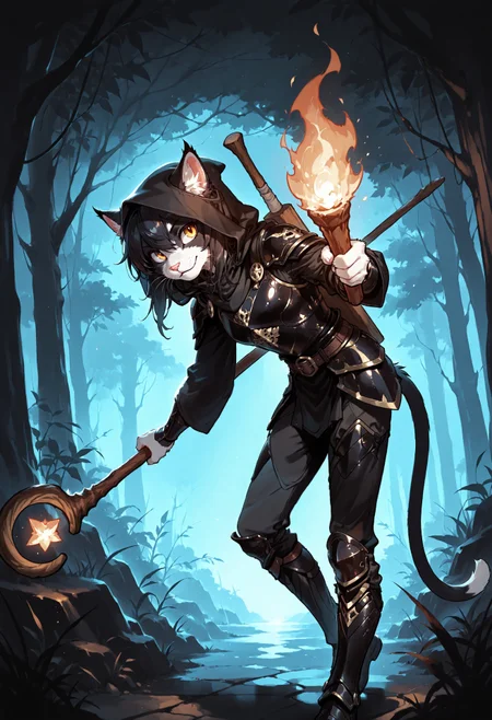 score_9, score_8_up, score_7_up, (solo), sfw BREAK 1girl, Ember (ESO), anthro, feline, black and white fur, cat tail, black hair, slim, (black armor:1.2), pants, hood, (wizard's staff on the back:1.2), BREAK in dark forest, darkness, ((looking side)), standing, holding torch in hand, head leans forward, extremely detailed, cinematic soft lighting, tranquil setting, detailed background, sharp focus, extremely detailed, high detail, dynamic angle, dynamic pose