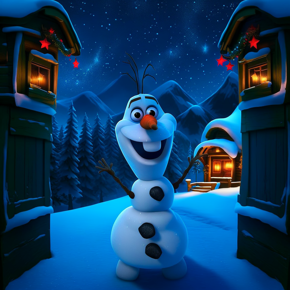 Olaf, snowman, solo, no humans, standing, hands up, front view, full body, in snow,  scenic view, pine trees, winter, night, stars, mountains,  score_9, score_8_up, score_7_up <lora:Olaf2:1>