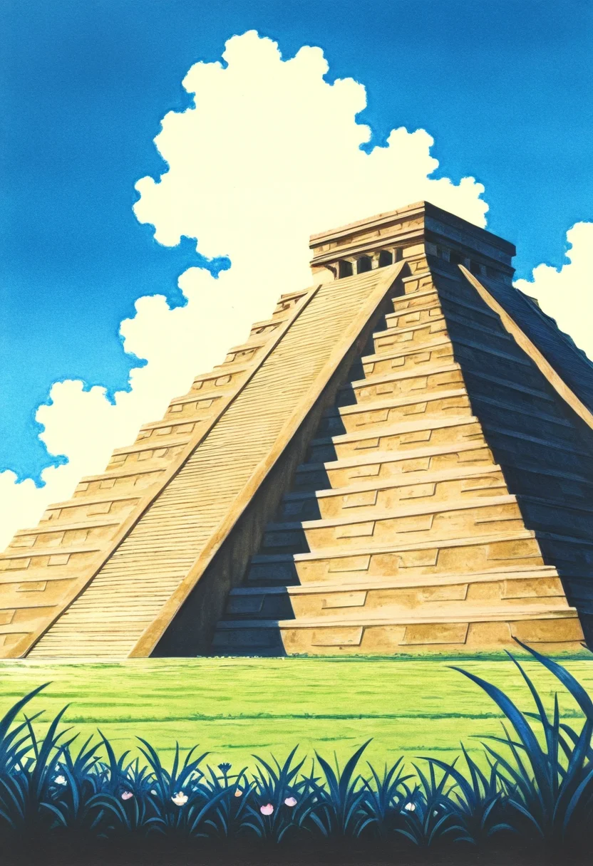 masterpiece, best quality, no humans, Ch1chen, flower, day, blue sky, no humans, traditional media, grass, stairs, ,<lora:ChichenItza_IXL_v1:1.0>,
