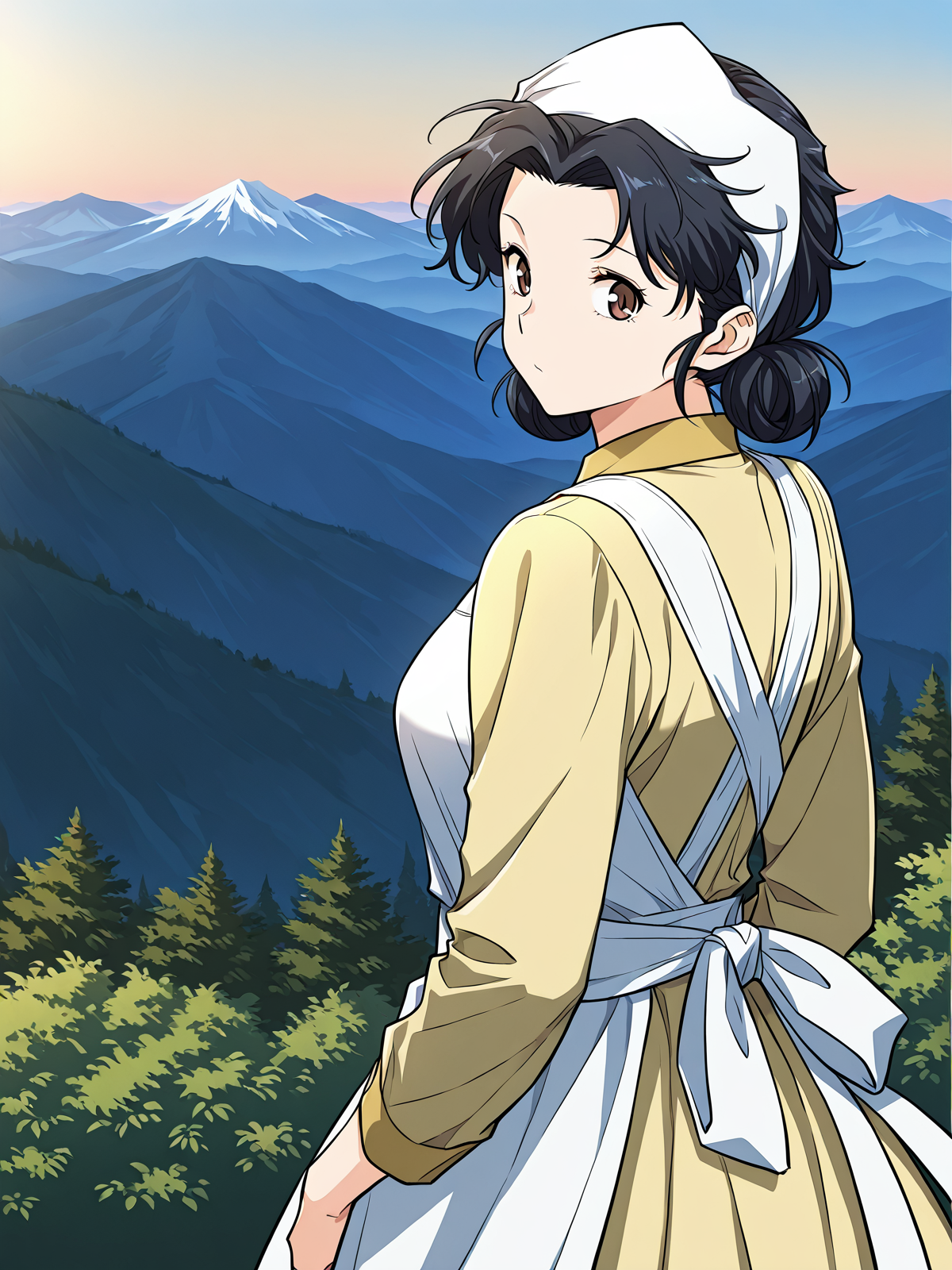 <lora:Emily__The_Greatest_Estate_Designer__Illustrious:1>
1 girl, solo, brown eyes, black hair, hair bun, double bun, short hair, bangs,
shirt, yellow shirt, white apron, head scarf, long sleeves, 
score_9, score_8_up, score_7_up, source anime, BREAK, cowboy shot, (from side), looking back, looking at viewer, overlooking mountain, high altitude, scenery, exterior, background, (solo), perfect hands