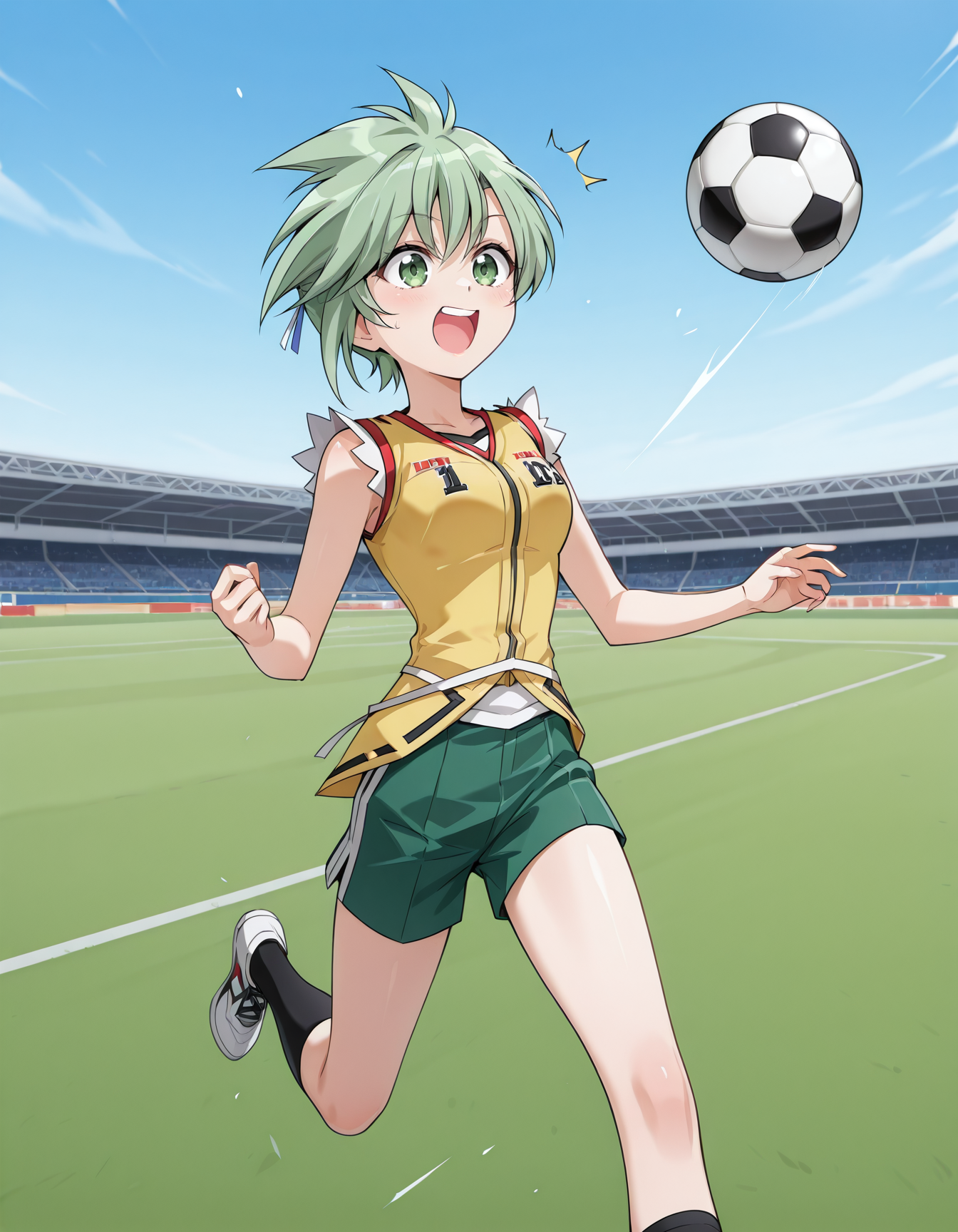 <lora:elnie-v2-illustrious-000040:1> elnie, sleeveless jacket, yellow jacket, (white jacket:0.4), short shorts, green shorts
playing sports, soccer ball, field, excited, dynamic