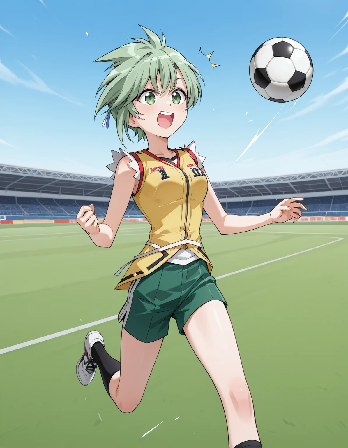 <lora:elnie-v2-illustrious-000040:1> elnie, sleeveless jacket, yellow jacket, (white jacket:0.4), short shorts, green shorts
playing sports, soccer ball, field, excited, dynamic