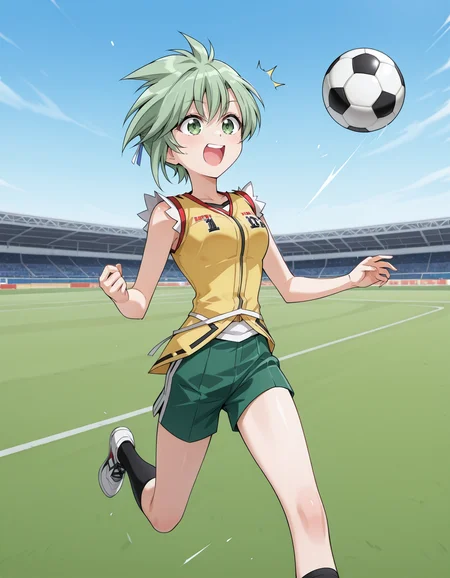 <lora:elnie-v2-illustrious-000040:1> elnie, sleeveless jacket, yellow jacket, (white jacket:0.4), short shorts, green shorts
playing sports, soccer ball, field, excited, dynamic