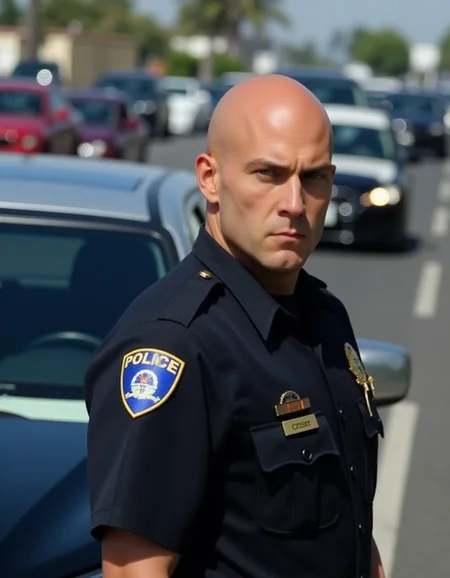 <lora:Hitman (World of Assassination)_epoch_5:1>,bald man in police uniform,Traffic cop stops the car,Serious face expression.,