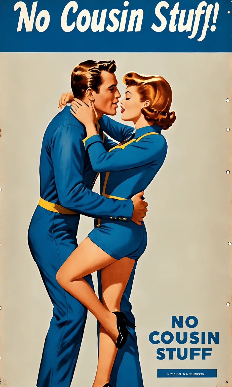 text "No Cousin Stuff!", movie poster of a man and woman kissing, falloutpostsdxl,<lora:falloutpostsdxl:0.8>, 1960s \(style\), blue jumpsuit,