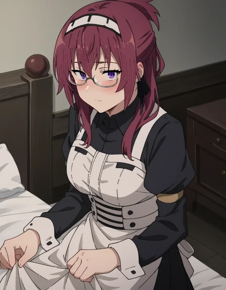 score_9, score_8_up, score_7_up, source_anime,
lilyagreyrat, <lora:lilya-greyrat-s1-ponyxl-lora-nochekaiser:1>,
lilya greyrat, purple eyes, red hair, glasses,
long sleeves, dress, pantyhose, apron, maid, maid headdress, maid apron,
indoors, bed, bed room, on side, blush, drunk,
looking at viewer, dutch angle, cowboy shot,