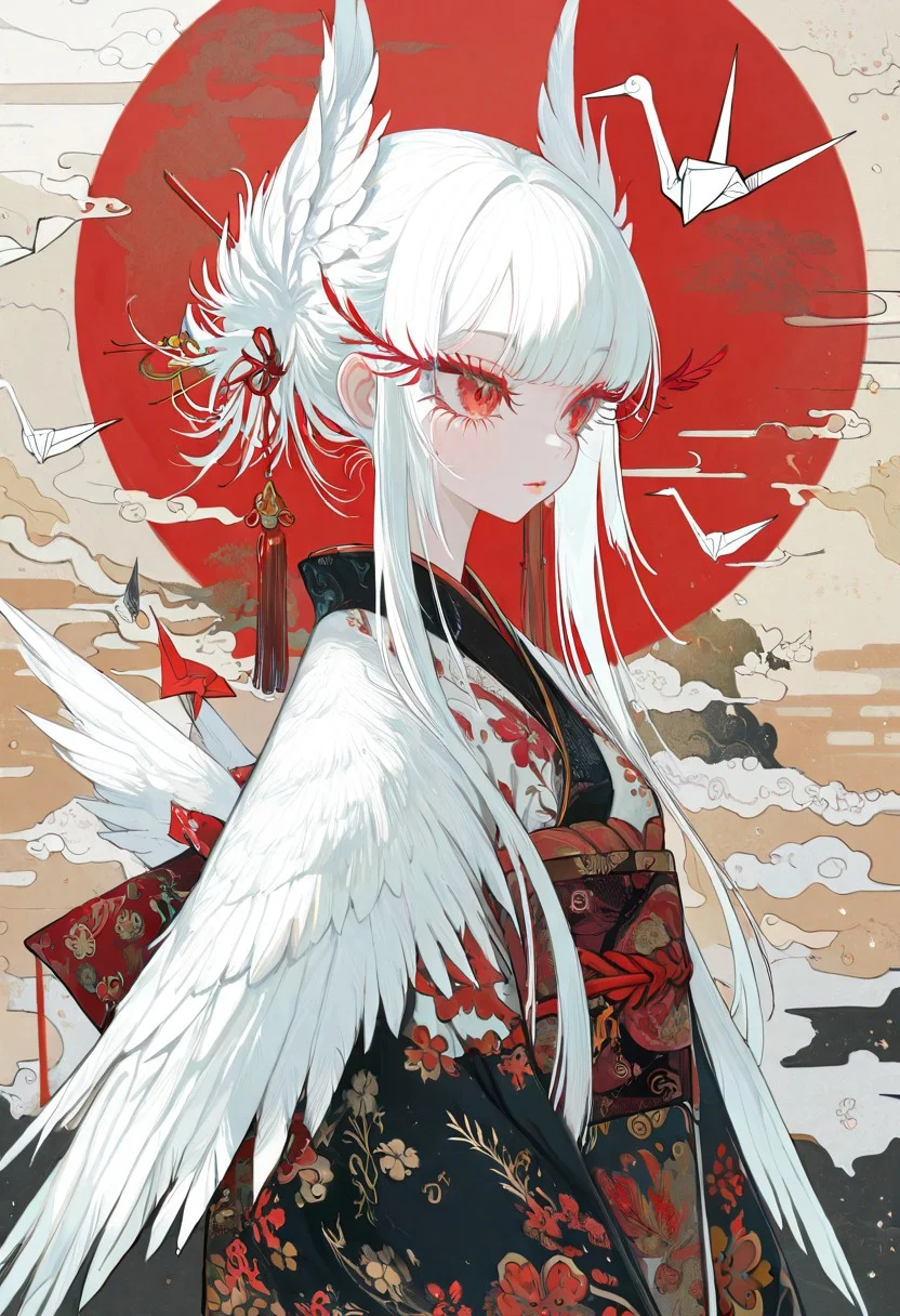 1 girl , solo , crane girl , wings , ((long eyelashes , feather eyelashes)) , white feather with red tip, red eyelashes , white hair , floating paper crane , feather hair , floral print ,
masterpiece, best quality, good quality, very awa, newest, highres, absurdres,