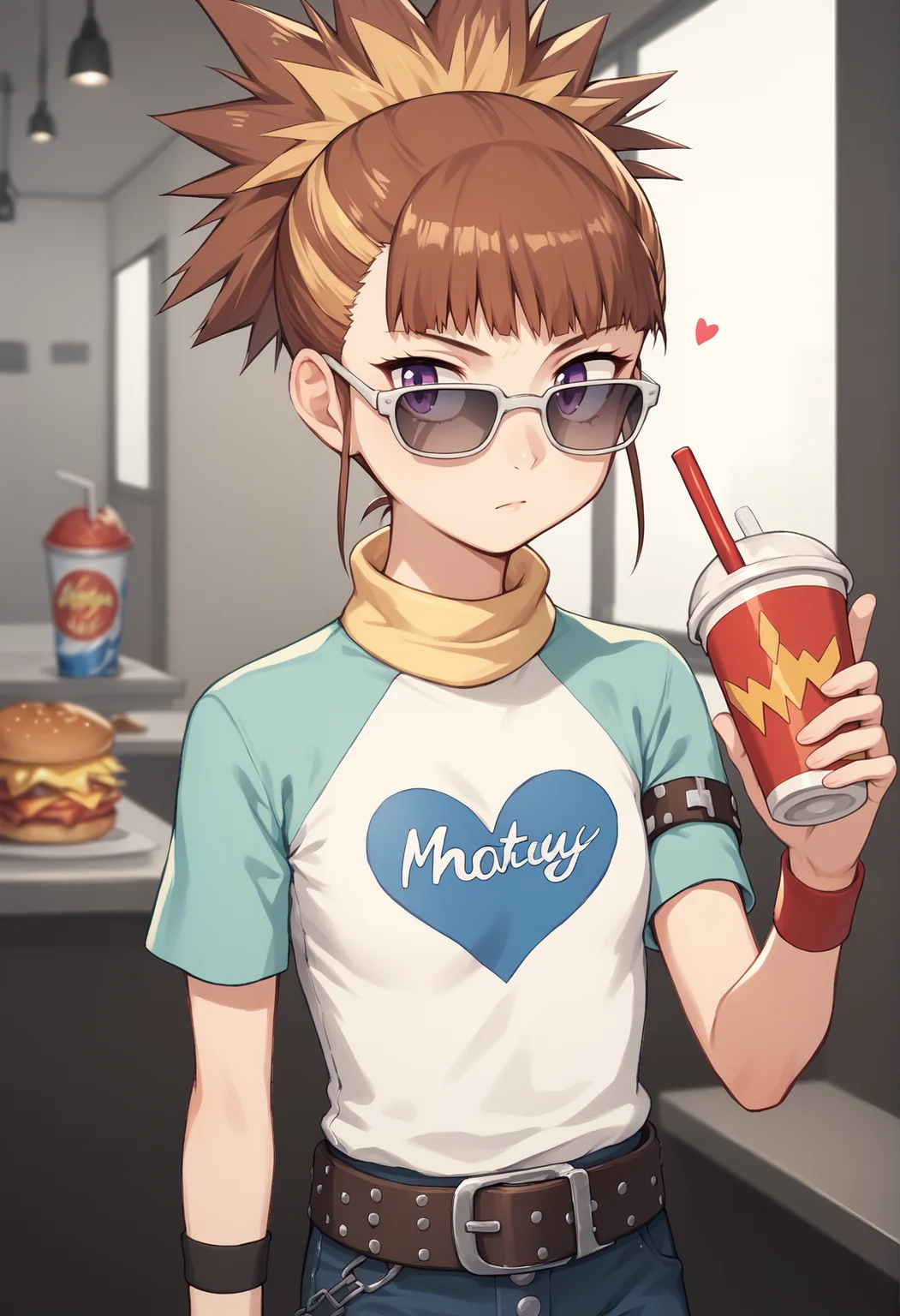 1girl, solo, rika, Two-Tone Hair, multicolored hair, short hair, blonde hair, brown hair, purple eyes, ponytail, wristband, Two-Tone Shirt, t-shirt, heart print, turtleneck, belt, jeans, Thigh Strap, sunglasses, looking over eyewear, cowboy shot, upper body, indoors, mcdonald's,  holding drink  <lora:RukiJuri:1>, score_9, score_8_up, score_7_up, score_6_up, score_5_up, score_4_up, BREAK source_anime, masterpiece