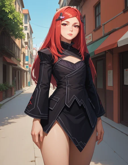 score_9, score_8_up, score_7_up,score_6_up  source_anime,
mature female, nalo, flat chest, 1girl, long hair, red eyes, red hair,  looking at viewer, small breasts, closed mouth, hairclip, black dress,looking at viewer, thick thighs,standing,wide hips,outdoors,street
 <lora:night angel _(last origin)-cybersleuth-PonyXL rex:1>