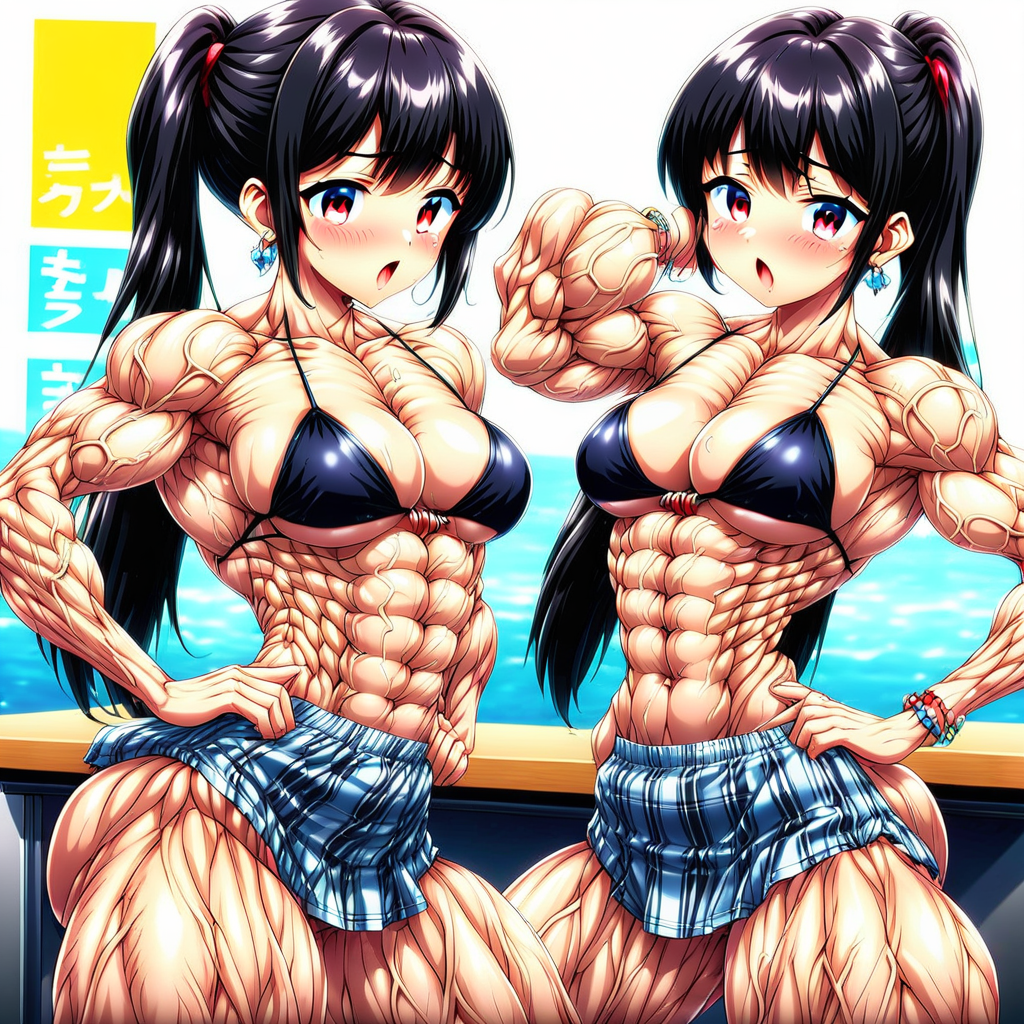 2girls, female ejaculation, looking at viewer, cover, hairclip, bow, hair scrunchie, tongue out, abs, school desk, veins, earrings, arms behind head, socks, side-tie bikini bottom, exercise, bottomless, hand on hip, black one-piece swimsuit, streaked hair, jewelry, sweat, plaid skirt, panties, thick thighs