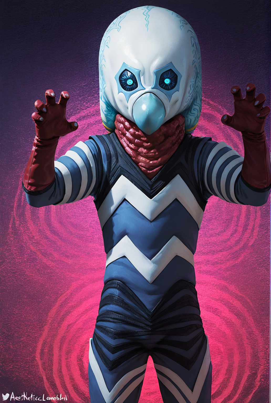 very awe,aesthetically pleasing,masterpiece,best quality,amazing quality,very aesthetic,ultra-detailed,high resolution,8k,1boy,solo,cowboy shot,male focus,detailed face,alien,no humans,gloves,blue eyes,red gloves,glowing eyes,claw pose,looking at viewer,hypnotizing viewerï¼ swirl background,<lora:Alien Guts:0.7>,alien guts,<lora:rokudenashi:,,