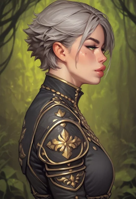 score_9, score_8_up, score_7_up, score_6_up, score_5_up, score_4_up, flat color, source_anime, anime coloring, 2d, (((side view)))
BREAK.
rating_safe, masterpiece monet painting, aaLinBeiFong, green eyes, short hair, grey hair, scar, armor, black uniform, lipstick,
((full-clothed)),
BREAK
(birch forest background:1.4), score_9, score_8_up, score_7_up, score_6_up, source_cartoon, rating_explicit, Expressiveh, (((((upper body))))), dynamic pose