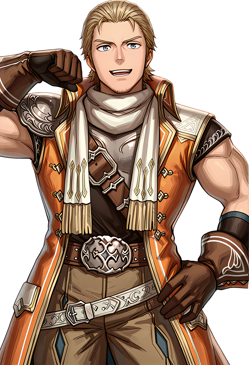 masterpiece,best quality,very awa,very aesthetic,
<lora:Corsair_Romancing_Saga_2_Revenge_of_the_Seven:1>,
<lora:noobai_vpred_1_aqm_complete_v3:1>,
<lora:NOOB_vp1_detailer_by_volnovik_v1:1>, masterpiece, best quality, newest, absurdres, anime screencap, intricate details, good quality, very awa, highres, perfect proportions, perfect eyes, amazing quality, very aesthetic, crsr_rs2, blue_crsr_eyes, blonde_crsr_hair, muscular male, mature male, 1boy, solo, male focus, solo, standing, smile, open mouth, looking at viewer, hand on own hip, cowboy shot, wiping face,    (white background, simple background), shadow, dynamic action, intricate lighting, intricately detailed illustration, depth of field,
