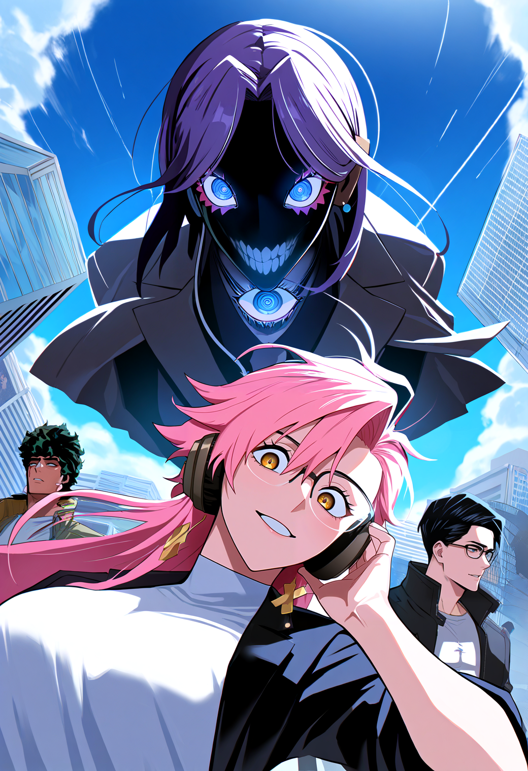 very awa, masterpiece, best quality, year 2024, newest, highres, absurdres, <lora:age_slider_v4:3> <lora:thicc_v1.4-pony:1.2>,detailed_background,outdoors,alternate form,ayase momo,pigosloth,takakura ken \(dandadan\),highres,2boys,multiple girls,shirt,multiple boys,jacket,2girls,white shirt,jin enjoji,glasses,pink hair,evil eye \(dandadan\),facial mark,transformation,acrobatic silky \(dandadan\),headphones,shiratori aira \(dandadan\),dandadan