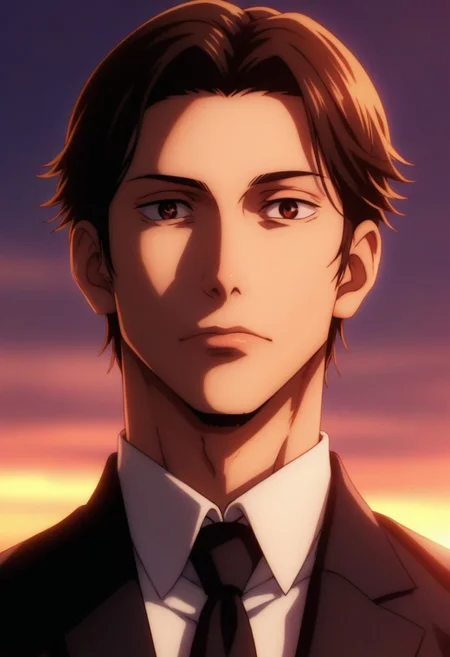score_9, score_8_up, score_7_up, source_anime, intricate details, expressive eyes, anime screencap, perfect balance, official art, extremely detailed CG unity 8k wallpaper, perfect lighting, Colorful, Bright_Front_face_Lighting, (masterpiece:1.0),(best_quality:1.0), ultra high res,4K,ultra-detailed, photography, 8K, HDR, highres, absurdres:1.2, Kodak portra 400, blurry background, bokeh, lens flare, (Anime) (vibrant_color:1.2), professional photograph, night, (good_face:1.2), 2d, anime, upper body, intricate iris, American, Professional character design, 1man, male focus, tan skin, brown eyes, expressive eyes, perfect eyes, Curly hair, (black hair), white dress shirt, black suit, black tie, Mario mustache, italian, manly, masculine, solo, jujutsu_kaisen_style, character portrait, (Dramatic, Intense, epic, perfect-lighting, lens flare), face, torso, (checkered backdrop), 
 (black and white checker pattern) (Mario)