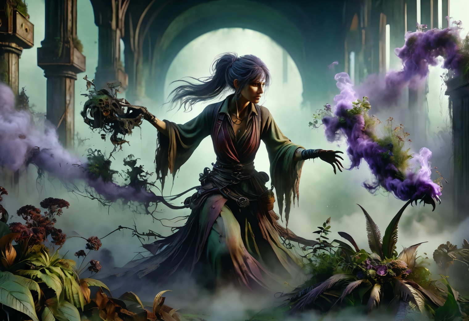 hyper detailed masterpiece, dynamic, awesome quality,female caster casting  creeping miasmic fog that clings to the ground, sickly green-purplish color, a feeling of decay and corruption, withering plants and rusting metal, whisper of mortality DonMM4g1cXL <lora:DonMM4g1cXL_v1.2:1>