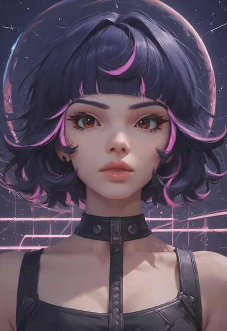 (score_9, score_8_up, score_7_up), g0thicPXL, glowing, neon, WarcraftStyle, masterpiece, best quality, highly detailed, intricate details, extremely detailed, smooth lines, masterpiece, no text, quality highlights, 8k detail, detailed background, waist-up portrait, (((pastel colors, high contrast,expressiveh,)))
...
1woman, (((Juno (overwatch), purple hair, multicolored hair, pink hair,)))), adult, mature, (((floating in zero gravity))), (sexy pose), (perky breasts, slender figure, cute butt)
...
(Space background, starry sky, detailed background, artistic and intricate background)