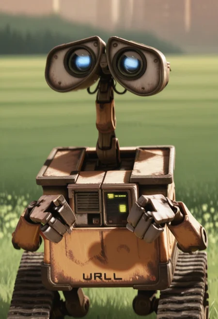 best quality, masterpiece, high quality, solo, wall-e, robot, blurry background, outdoors, green meadow, arms