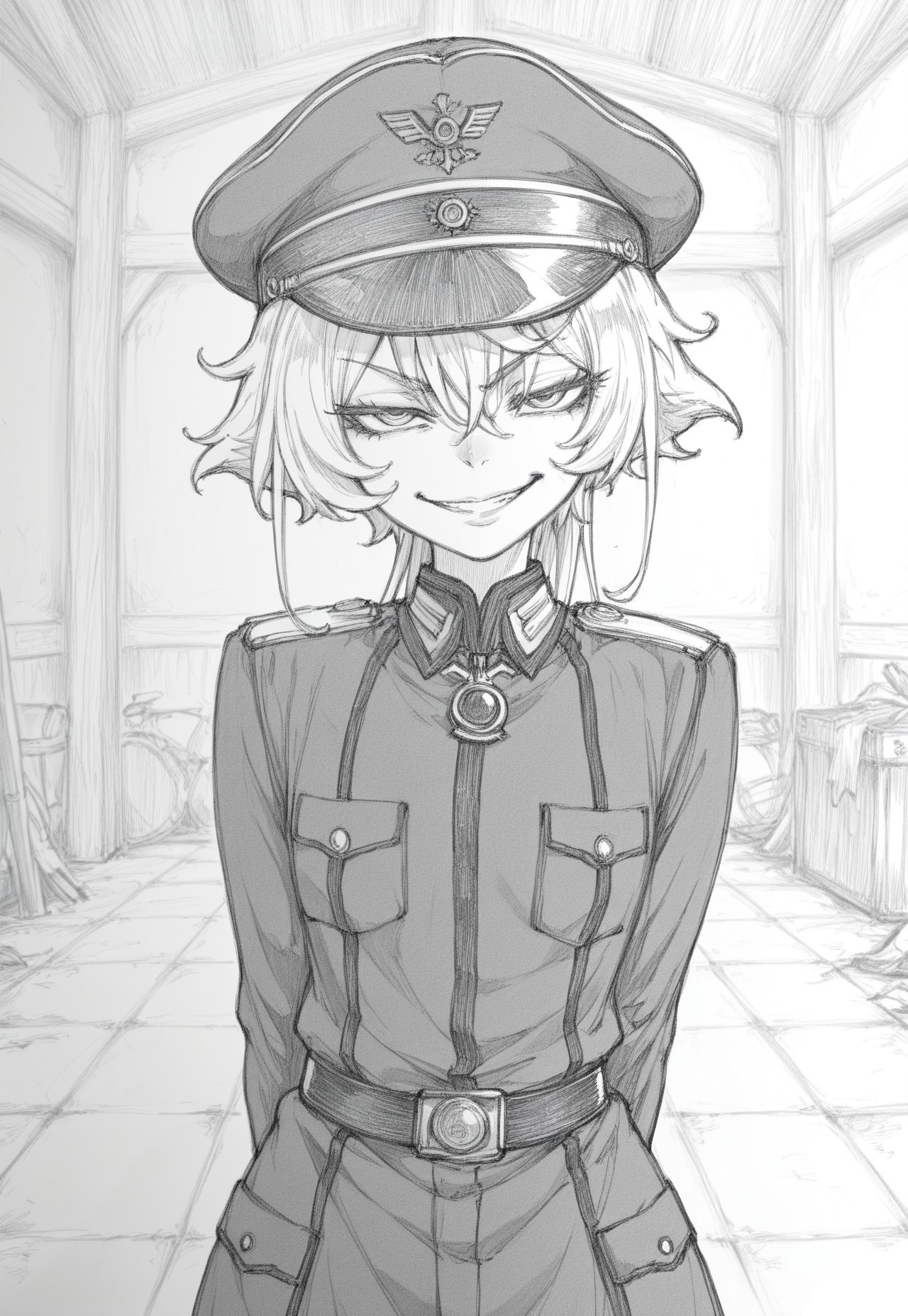 masterpiece,greyscale,1girl,tanya degurchaff.,military uniform,barracks,cap hat,hands behind back,evil grin
