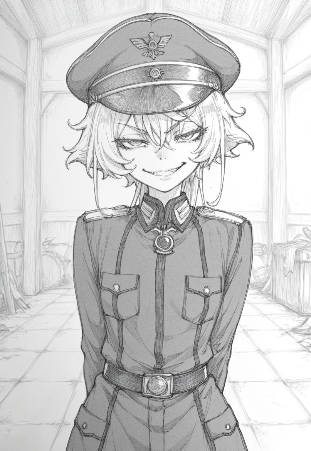 masterpiece,greyscale,1girl,tanya degurchaff.,military uniform,barracks,cap hat,hands behind back,evil grin