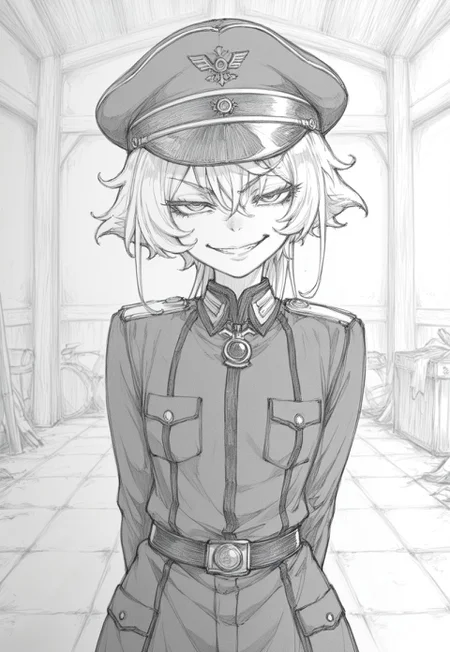 masterpiece,greyscale,1girl,tanya degurchaff.,military uniform,barracks,cap hat,hands behind back,evil grin