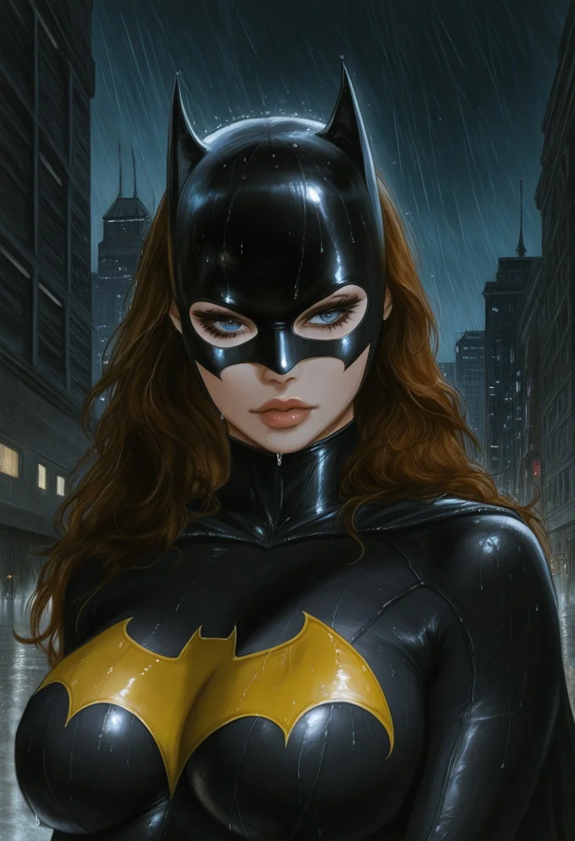 AMAZING QUALITY, MASTERPIECE, R0Y0, 1GIRL, PORTRAIT, BATGIRL, MASK, CAPE, CLAVAGE, HUGE TITS, DARK CITY, RAIN