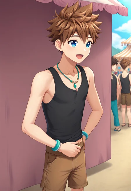 okada_zenya, brown hair, spiky hair, blue eyes, solo focus, 1boy, solo, necklace, hand band, black tank top, brown shorts, full body, outdoor, sunny day, market in the background
