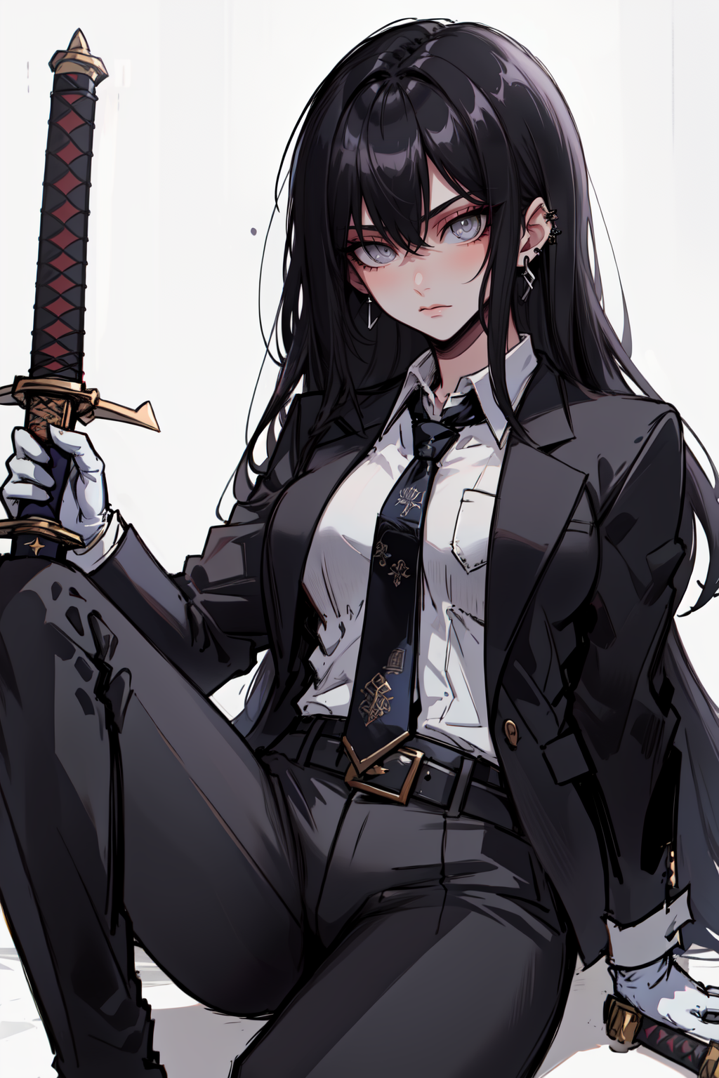 Goth girl, goth girl 1girl, 1girl,solo,long hair,looking at viewer,bangs,shirt,black hair,gloves,long sleeves,holding,hair between eyes,jewelry,sitting,closed mouth,jacket,white shirt,weapon,earrings,necktie,black gloves,collared shirt,belt,pants,sword,holding weapon,black jacket,grey eyes,holding sword,black pants,formal,katana,suit,sheath,black necktie,knee up,sheathed,black suit, earrings, <lora:Goth_girl-v2S:0.8>