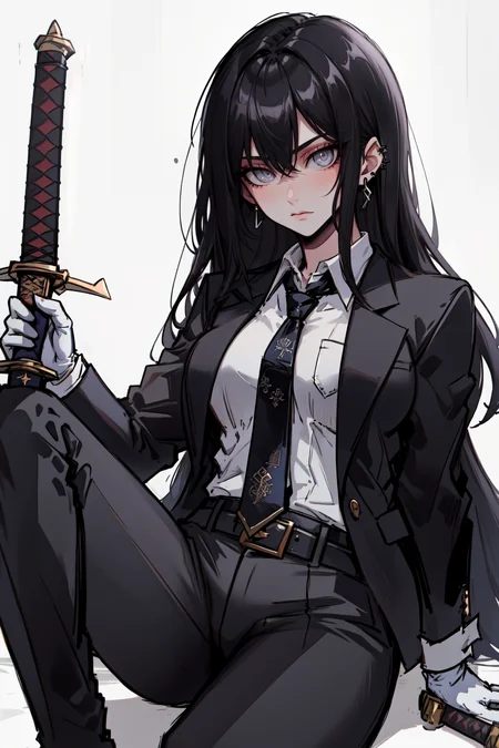 Goth girl, goth girl 1girl, 1girl,solo,long hair,looking at viewer,bangs,shirt,black hair,gloves,long sleeves,holding,hair between eyes,jewelry,sitting,closed mouth,jacket,white shirt,weapon,earrings,necktie,black gloves,collared shirt,belt,pants,sword,holding weapon,black jacket,grey eyes,holding sword,black pants,formal,katana,suit,sheath,black necktie,knee up,sheathed,black suit, earrings, <lora:Goth_girl-v2S:0.8>
