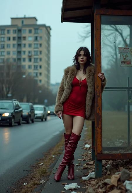 A photorealistic image of a busty 23 year old woman leaning against a rusty bus stop sign in an abandoned Russian suburb.
She is dressed in a short, tight red dress with thigh-high boots and a fur coat that barely covers her shoulders.
The bus stop is surrounded by broken-down vehicles and piles of litter. The distant high-rise buildings are crumbling, with broken windows and graffiti marking the walls.
Her expression is blank, and the dim, cold streetlight casts eerie shadows across her face, emphasising the emptiness of the desolate surroundings.