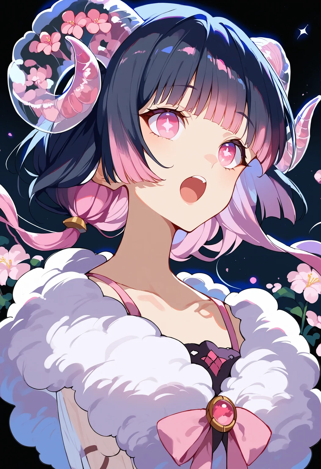 score_9, score_8_up, score_7_up, score_6_up, source anime,
sheep girl, translucent sheep horns, flower, sheep ears, portrait,
black hair, pink hair, hime cut, gradient hair, multi-tied hair,
star-shaped pupils, pink eyes,
open mouth, upper teeth only,
black background, backlighting, night, night sky, dappled moonlight
<lora:monmusu_sheep_girl_pony_v14:1>