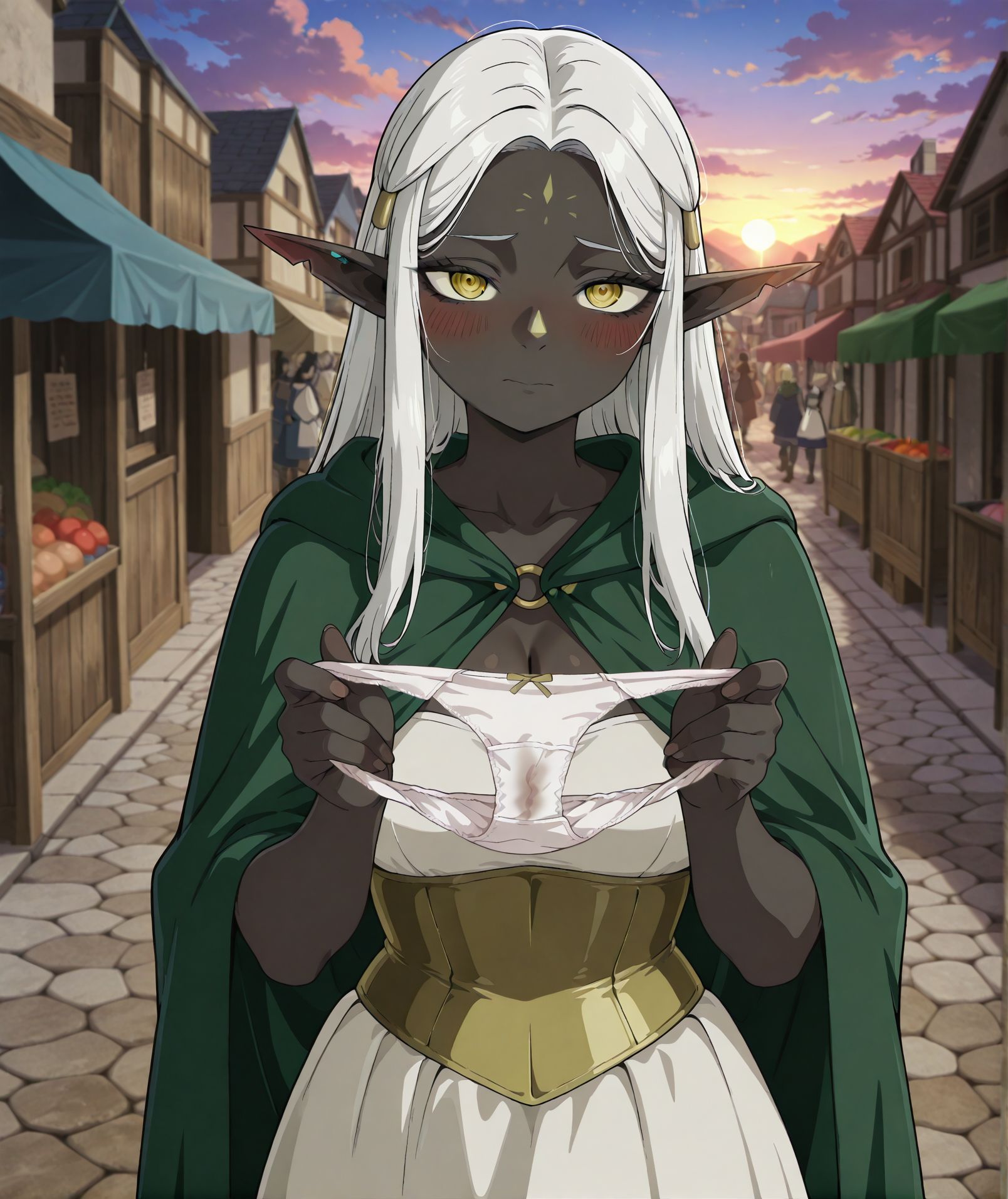 <lora:add-detail-xl:0.5>,,masterpiece, best quality, newest, absurdres, highres, detailed eyes, beautiful, detailed background, perfect eyes, anime coloring, anime screencap,
<lora:Holding_panties:0.5>Holding_pantiesV1,
1girl,panties,holding panties,blush,closed mouth, 
solo,holding,blush, looking at viewer, panties stains, 
holding panties with both hands,
, medieval, town, stone road, storefront, vendor stalls, market, sunset, clouds,
<lora:Cithis_Dungeon_Meshi_IL_V2:1>, KJOcithis, white hair, yellow eyes, forehead mark, nose mark, pointy ears, very dark-skinned female, long hair, forehead, notched ear, sidelocks, ringed eyes, black eyeliner, white dress, long white dress, gold corset, green cape, cape strap, sleeveless, strapless,
20YO, milf,adult,