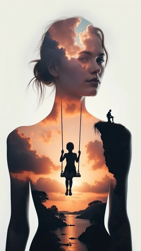 A surreal and evocative double exposure portrait of a human figure, integrating a breathtaking sunset sky with fluffy clouds in warm hues of orange, pink, and purple filling the chest area. The silhouette of a person swinging on a swing hangs in the center, evoking a sense of nostalgia and freedom. In the head area, a small silhouette of a person is seen scaling or sitting on a rocky cliff, highlighting a theme of adventure and exploration. The figure's body is rendered in muted, monochrome tones, contrasting with the vivid colors of the landscape within. The overall aesthetic leans towards hyperrealism with a touch of surrealism, emphasizing emotional depth and introspection through the interplay of light and shadow. The background is softly blurred, enhancing focus on the vibrant imagery within the silhouette.  bo-exposure, double exposure,