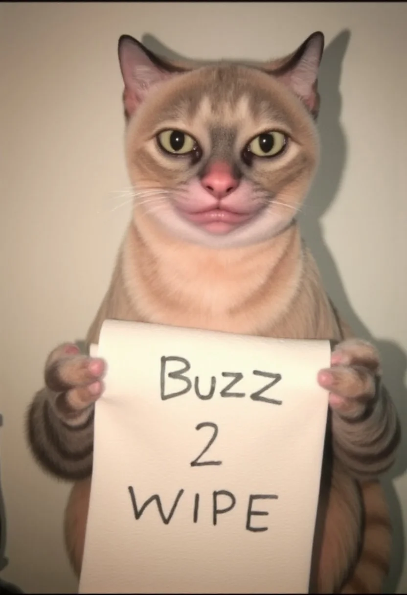 IMG_2222.JPG, Security camera.
one serious ART BRUT CAT holding a toilet paper with "BUZZ 2 WIPE" in black letters with its hands.